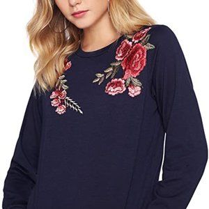 Blue Floral Embroidered Sweatshirt Romwe